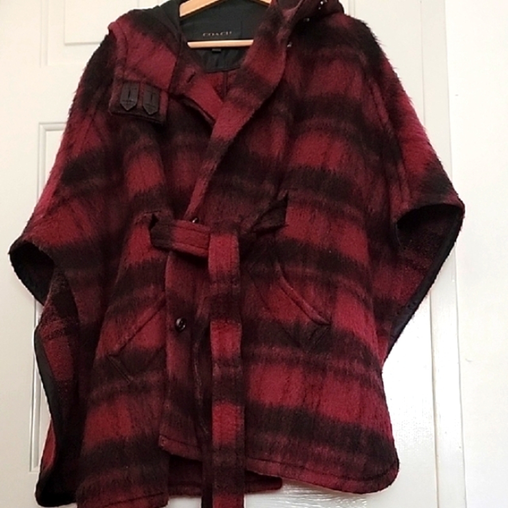 COACH Wool Blend Poncho Cape Comfort Tie Waist Coat Black And Burgandy